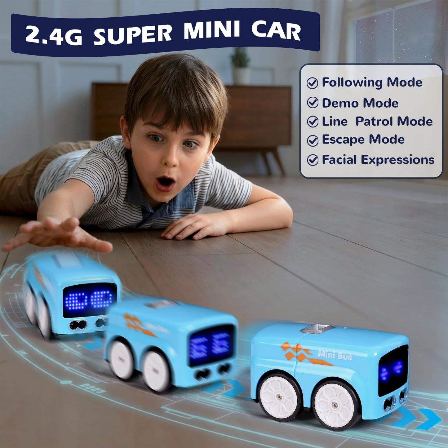 Magic Mini RC Bus, 2.4 GHZ Inductive Car that Follows Drawn Line, Interactive Magic Mini Bus with Gestures Follow & Escape Modes, Idea Present for 6+ Kids Boys Girls and Adults (Blue)