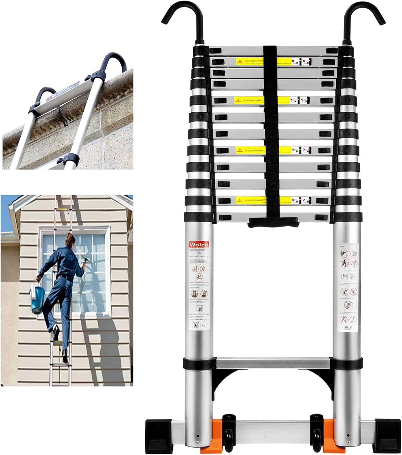 16.5 FT Telescoping Ladder with Hooks, Adjustable Multi-Purpose Collapsible Extension with Stabilizers & Wheels, Heavy Duty 330 lbs Max Capacity, Ideal for Home and Outdoor Work, Silver