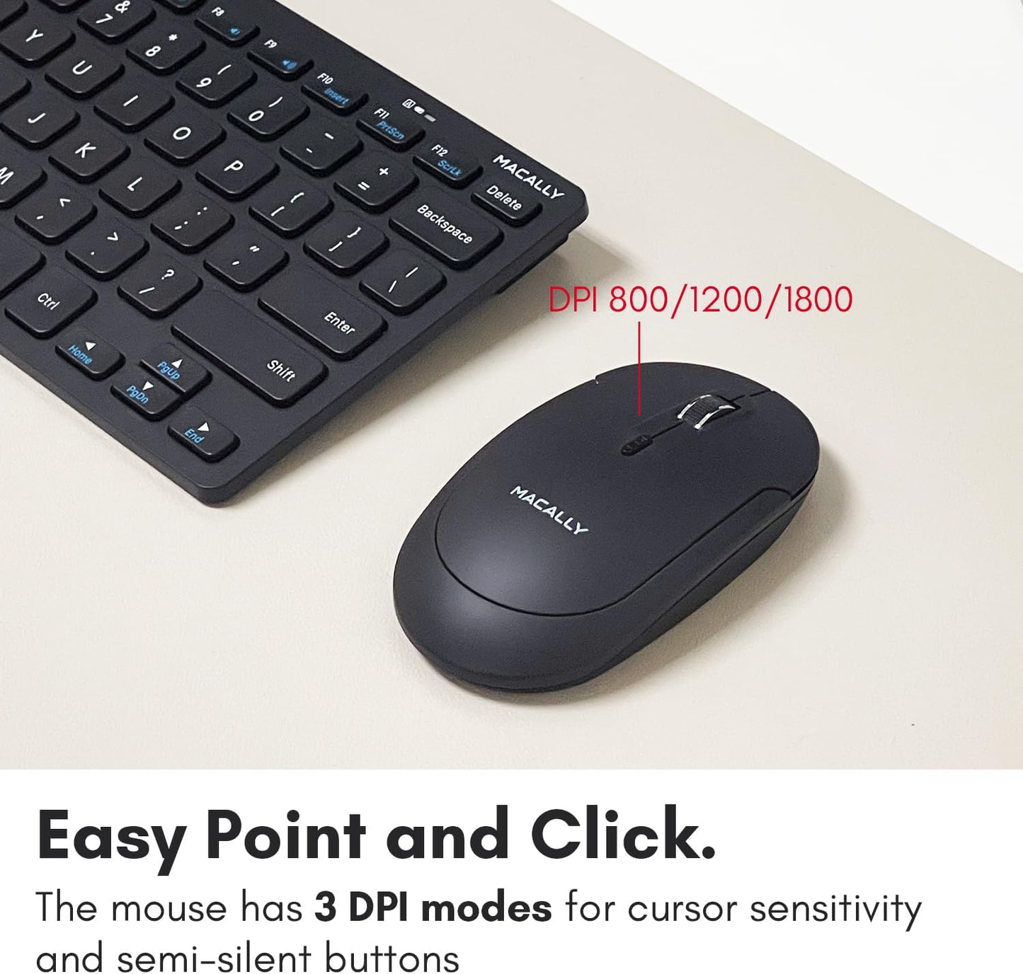 Macally Small Wireless Keyboard and Mouse Combo - Quiet Productivity Duo - 2.4G Wireless Keyboard Mouse for PC - 78 Key Mini Keyboard and Mouse with Slim Body, Click Buttons, and 3 DPI Modes