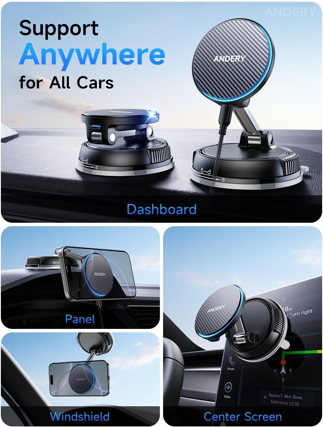 ANDERY Only for iPhone Magsafe Car Mount Charger [15W Wireless Faster Charging, 78+LBS Strongest Suction, 2400gf Strongest Magnetic] 360° Adjustable Car Phone Holder, Phone Holders for Your Car, Black