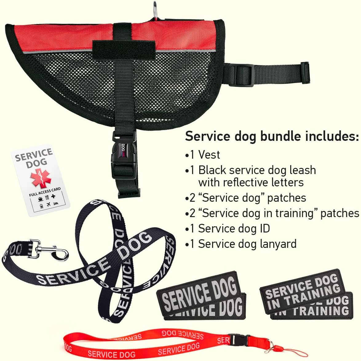 Dogline Service Dog Vest Harness Bundle Official Red Service Dog Reflective Leash & Patches Service Dog in Training Set Service Dog ADA IDs with Lanyard for Travel Support Therapy Dogs