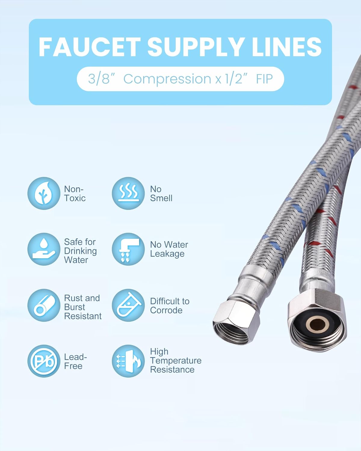 48-Inch Faucet Supply Lines: Braided Stainless Steel Flexible Faucet Hose Connector - 3/8" Compression x 1/2" FIP Water Supply Lines for Kitchen Bathroom Sink Hose Extension 2pcs