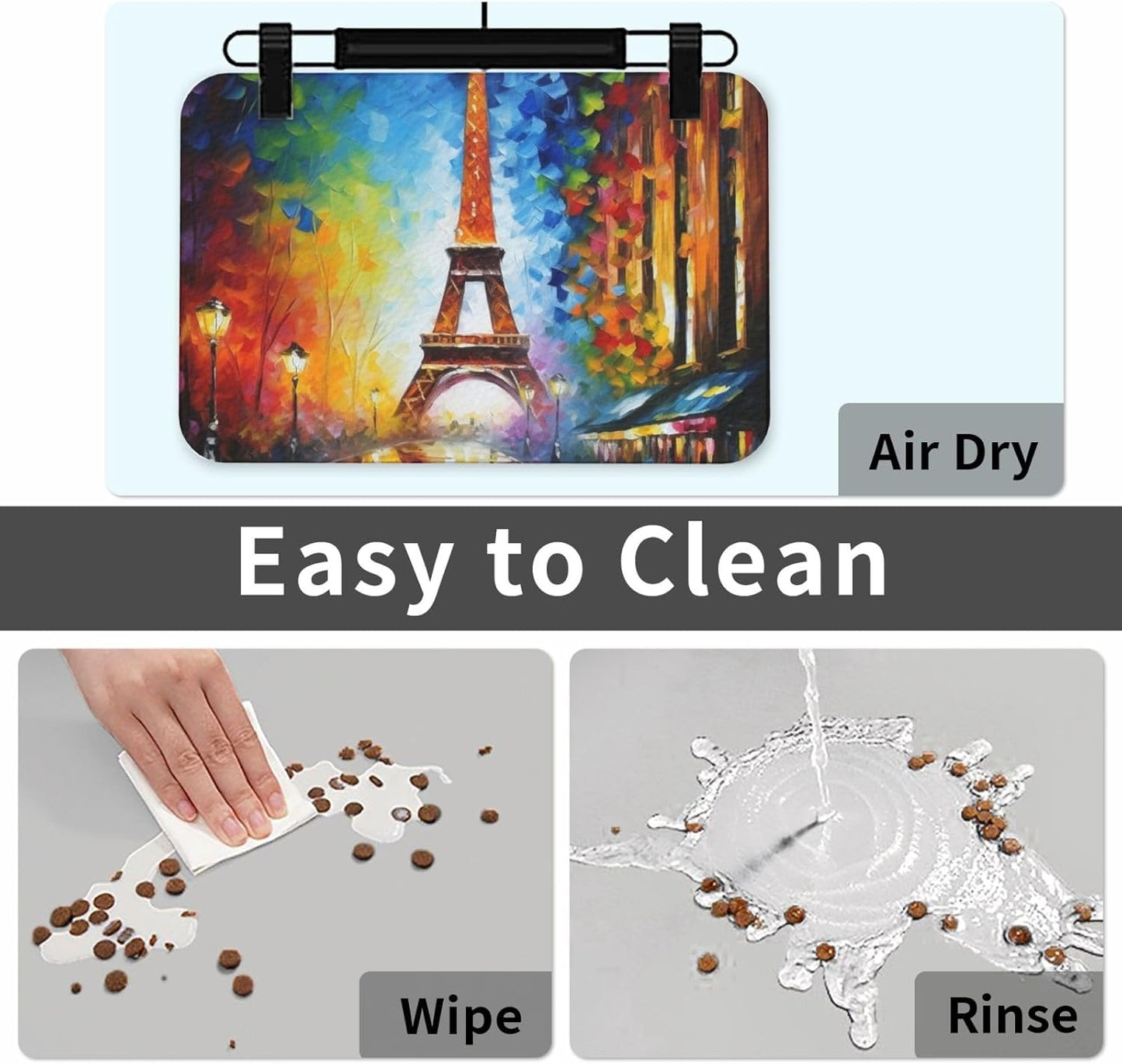 Paris Eiffel Tower Painting Pet Feeding Mat 30x45cm Absorbent Leather Dog Cat Food Mats Non-Slip Dog Bowl Mats for Food and Water, Quick Dry Pets Placemats for Cats and Dogs Water Bowl