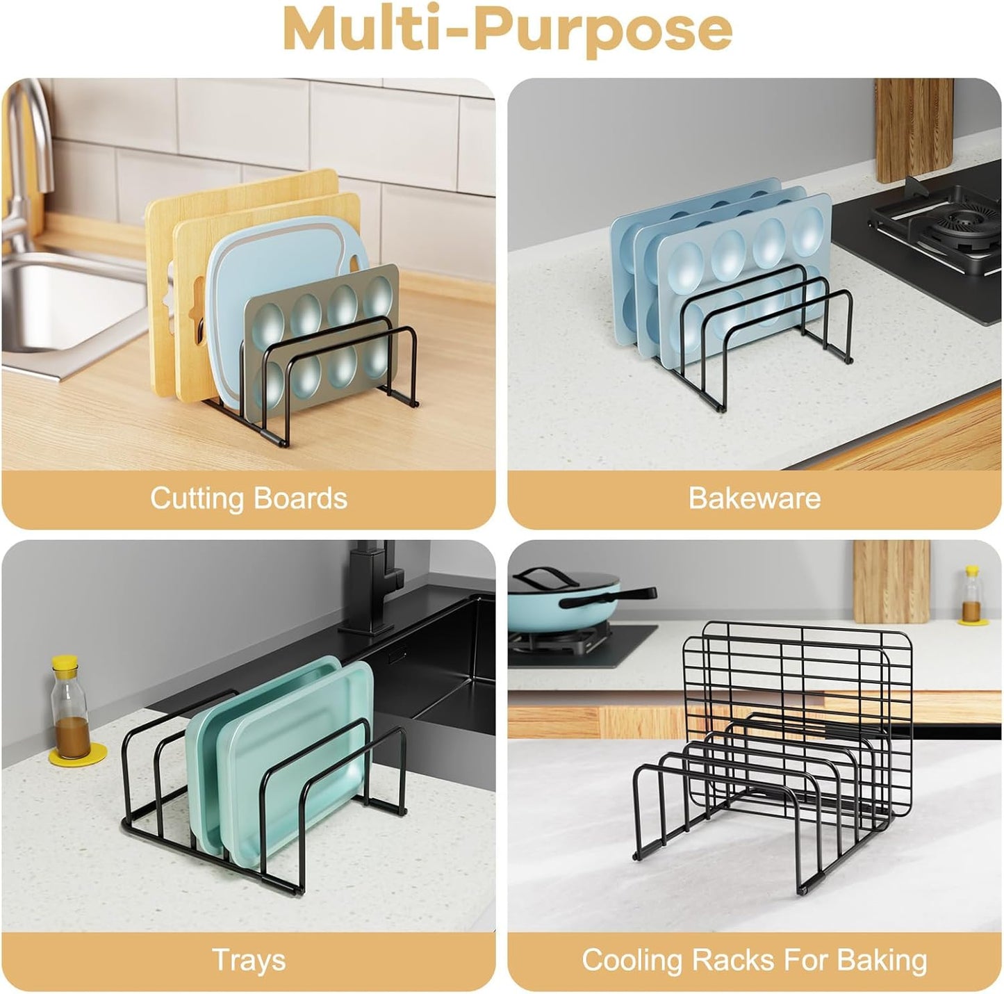 Cutting Board Organizer and Baking Sheet Rack, [2-Pack] Black Heavy Duty Metal Cookie Sheet Organizer for Cutting Board Storage & Plate Holder for Cabinet, Tray Dividers for Cabinets