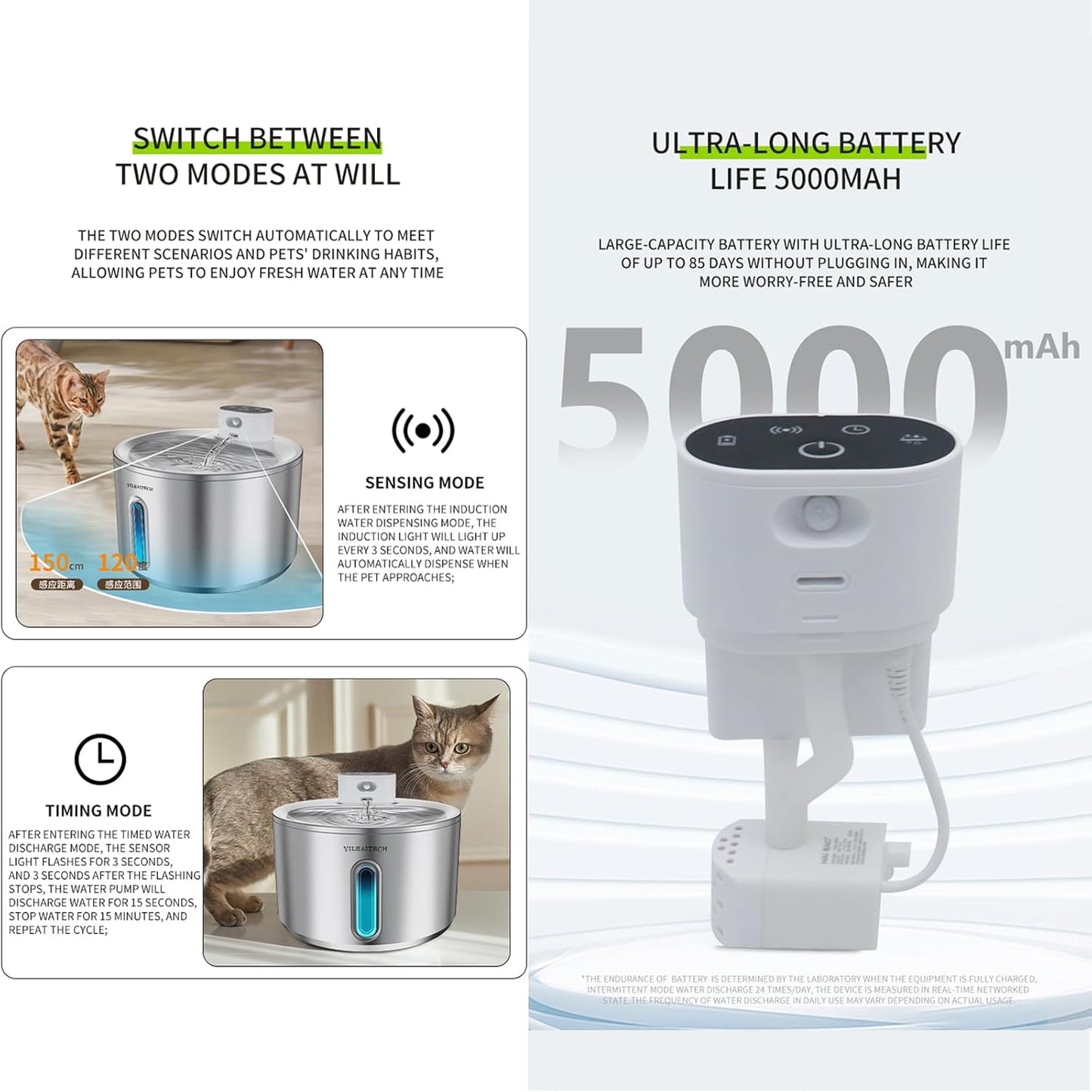 Wireless Cat Water Fountain Stainless Steel, 135oz/4L Cat Fountain, Battery Operated, Cordless Pet Water Fountain for Cats & Dogs with Motion Sensor, Ultra Quiet Pump, 12 Filters (SS, 4L)