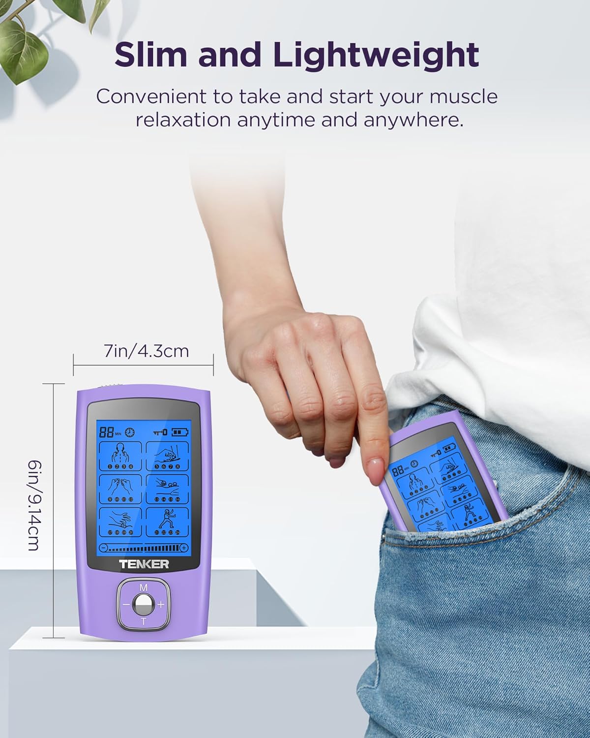 TENKER TENS Unit Muscle Stimulator, 24 Modes TENS EMS Machine for Shoulder, Sciatica, Back Pain Relief, Rechargeable Electronic Pulse Massager with 2"x2" and 2"x4" Electrode Pads