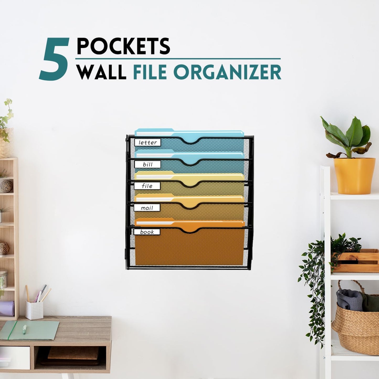 SUPEASY 5 Tier Wall File Organizer, Hanging Wall Mounted Mail Organizer with Label Slots, Metal Mesh File Holder Magazine Rack for Office, Home, School, Black