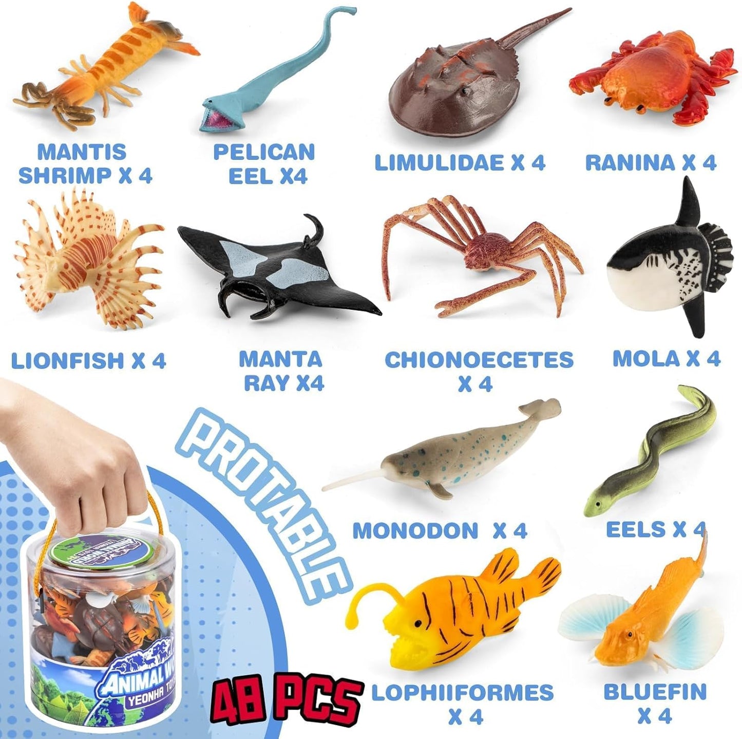 Sea Animals Toys with Gift Box, 48 Piece Mini Vinyl Plastic Ocean Animal Figure, Sea Creatures Themed Sensory Bins, School Project, Birthday Cupcake Topper Party Supplies, Preschool Toys for Kids