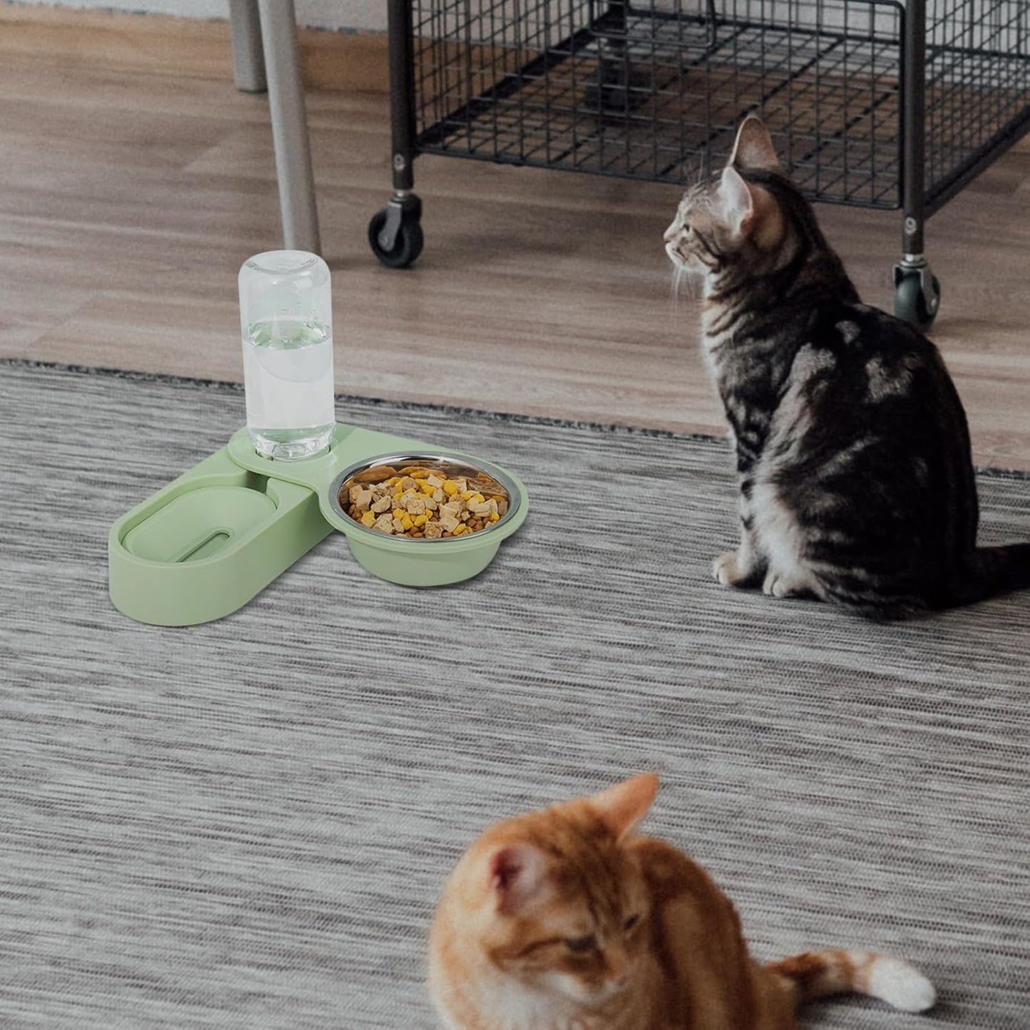 Milisten Stainless Steel Cat Food and Water Bowl Set, Dual Bowls Rotatable Corner Feeder with Foldable Stand, Green Pet Feeder for Small Cats and Animals