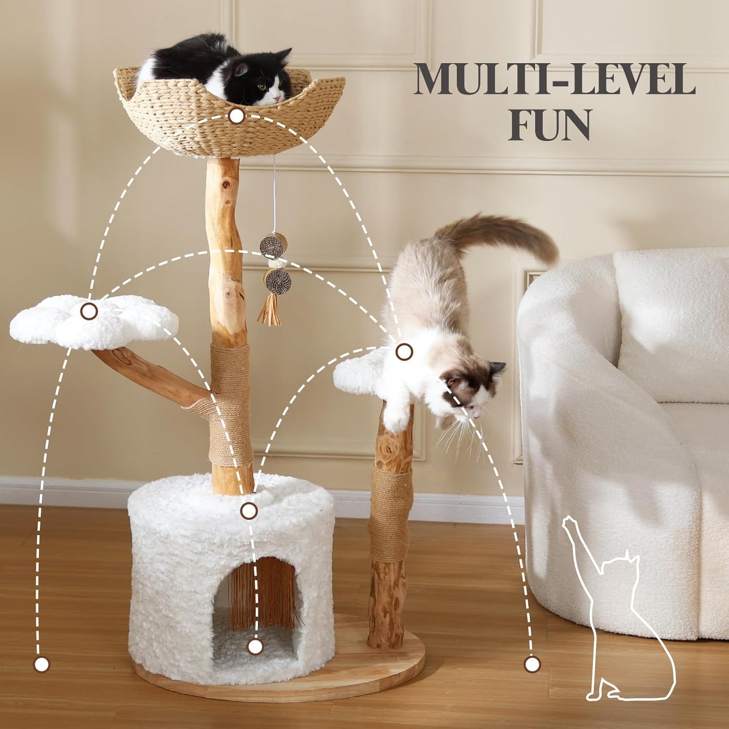 47-Inch Natural Wood Cat Tree for Cats, Modern Cat Tower with Multiple Platforms, Sisal Posts, Handwoven Bed, White Cushions