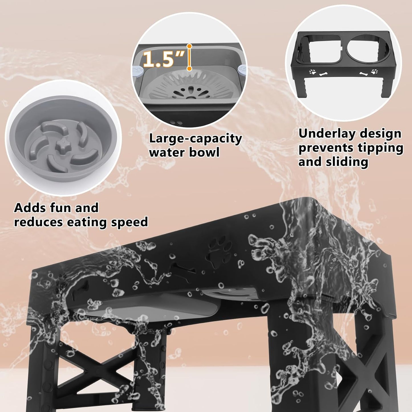 Elevated Slow Feeder Dog Bowls,with No Spill Dogs Water Bowl 5 Height Adjustable Raised Dog Bowl Food and Water Bowls with Stand for Small Medium Large Dogs,Cats and Pets