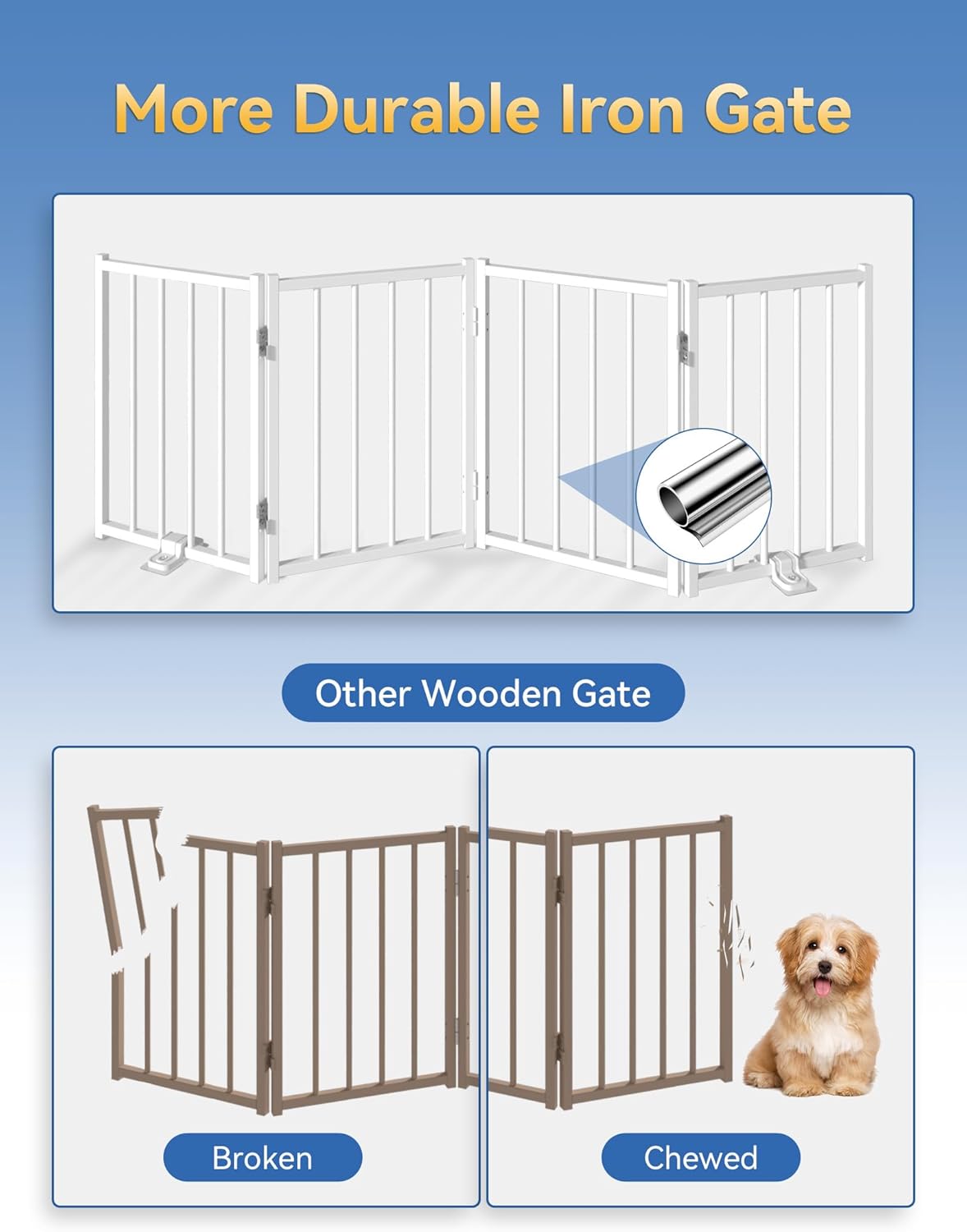 BFNN Free Standing Dog Gate, 16.5" High Short Pet Gate for Stairs and Doorways, Up to 48" Wide Foldable Puppy Fence, Indoor & Outdoor Use, No Drilling and No Assembly, for Small & Toy Dogs, White
