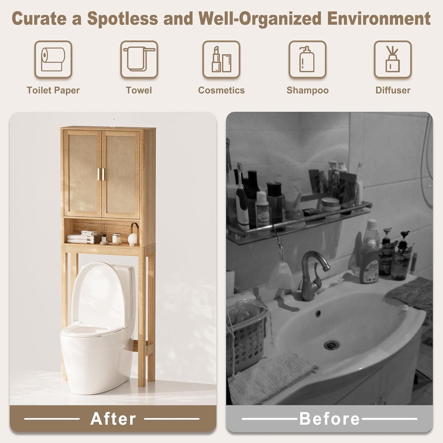 Over the Toilet Storage Cabinet, Bathroom Storage Cabinet with Rattan Doors, Bathroom Cabinet Over Toilet with Adjustable Shelf, Tall Freestanding Over Toilet Bathroom Organizer, Boho Natural Style