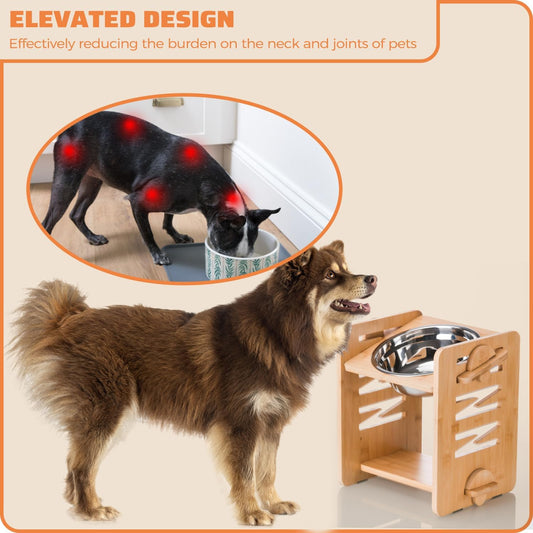 Elevated Dog Bowl 4.7″-11.8″with Food Grade 304 Stainless Steel 51 OZ, 9 Heights Bamboo Dogs Bowl Stand for Medium and Large Dogs, 1 Pack
