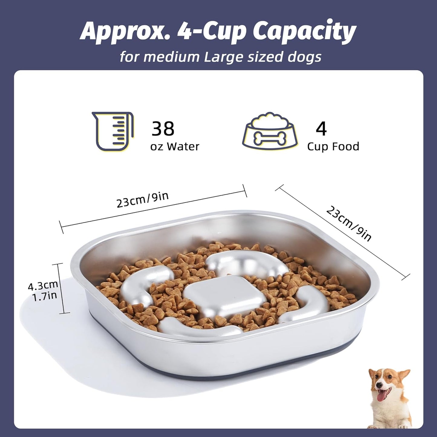 Nicelock Slow Feeder Dog Bowls 304 Stainless Steel 5 Cups, Large Capacity Dog Food Slow Feeding With Non-Slip Rubber Base, 2-in-1 Slow Feeder Metal Dog Bowl for All Breeds Size