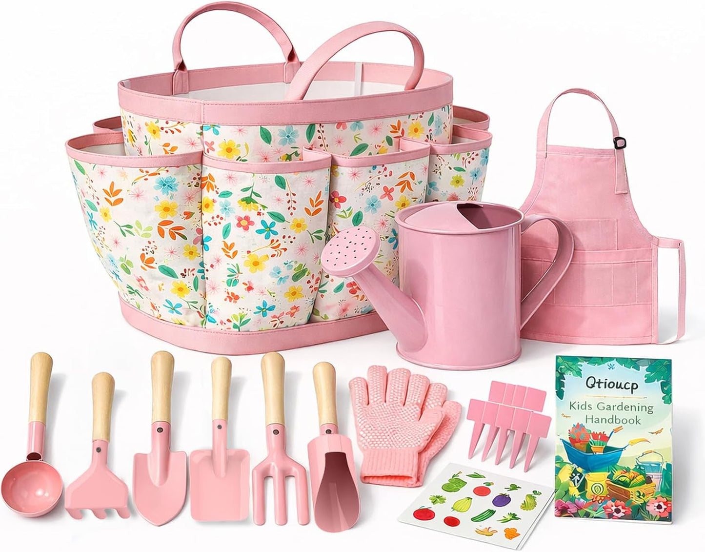 Kids Gardening Set 14Pcs Garden Tools with Tote Bag,Watering Can, Shovel, Apron, Garden Book and More Educational STEM Learning Outdoor for Toddlers Boys Girls (Floral)