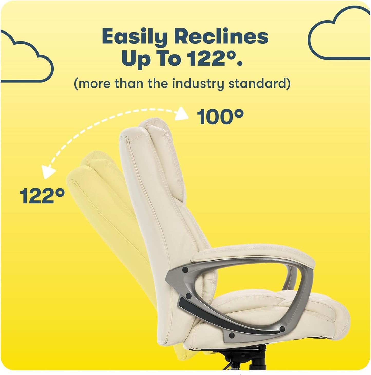 Serta Garret Executive Office Chair, Ergonomic Mid-Back with Lumbar Support, Semi-Plush Cushion and Body Pillows, Padded Armrests, Swivel Base, Bonded Leather, Ivory White