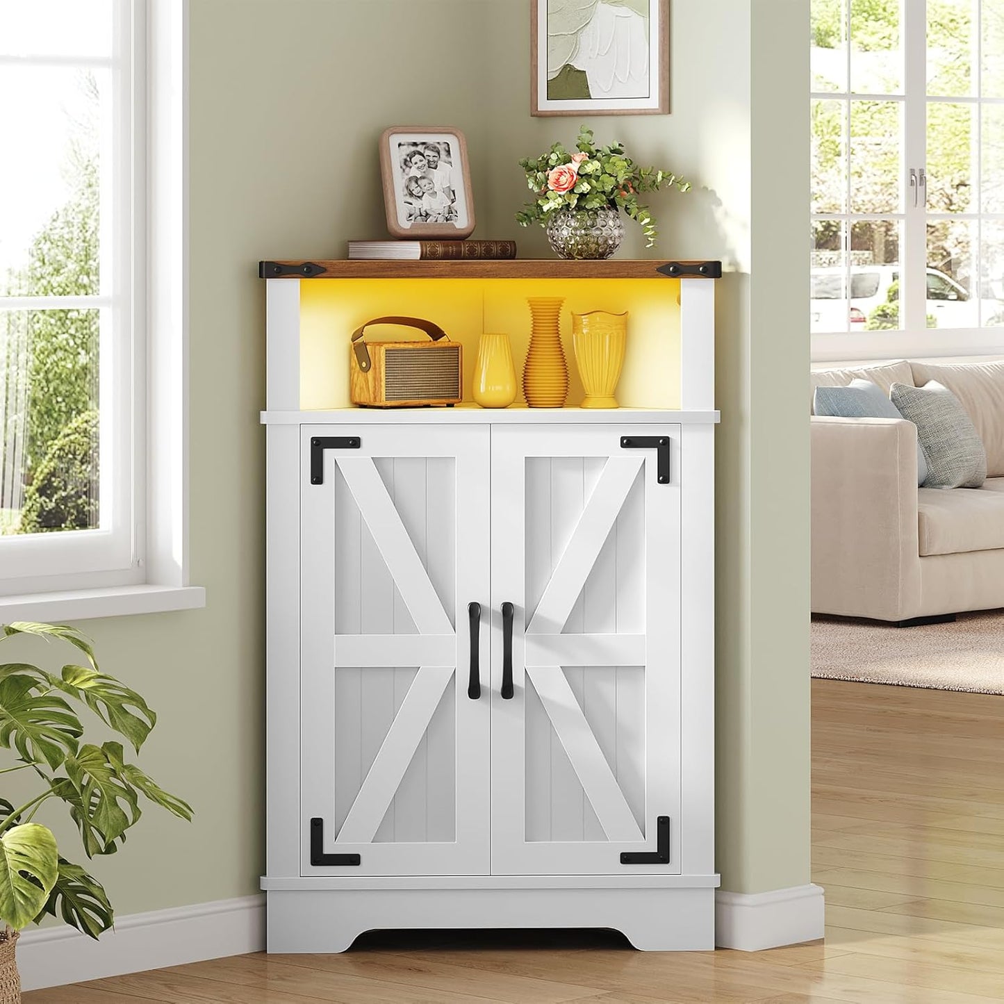 HOOBRO Farmhouse Corner Cabinet, Small Corner Storage Cabinet with Lights, Wooden Corner Cabinet with Doors and Adjustable Shelves, for Bathroom, Living Room, Kitchen, White and Walnut WH119DCJ01