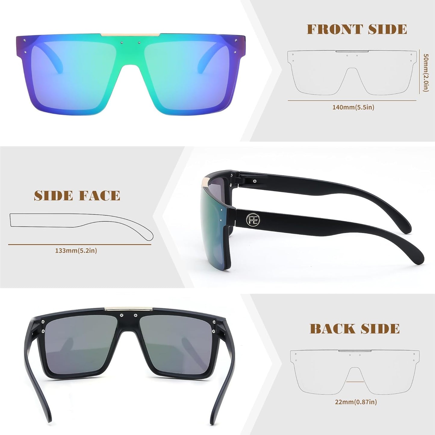 FEISEDY Polarized Sunglasses for Men, Oversized Square Flat Mirrored Z87 Lens, Fishing Driving Golf Outdoors Coastal B2990