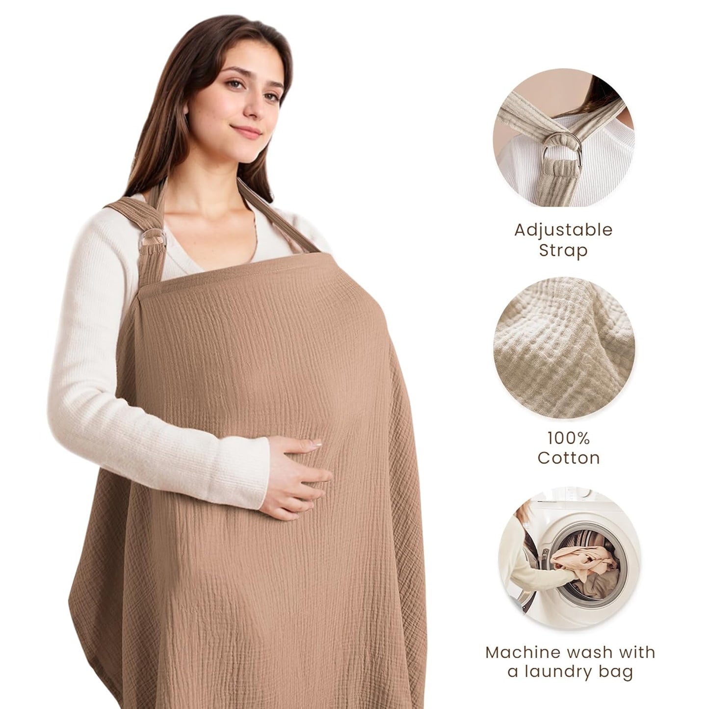 Konssy Muslin Nursing Cover for Baby Breastfeeding, Breathable 100% Cotton Breastfeeding Cover with Rigid Hoop for Mother Nursing Apron, Multi-use Carseat Canopy (Brown)
