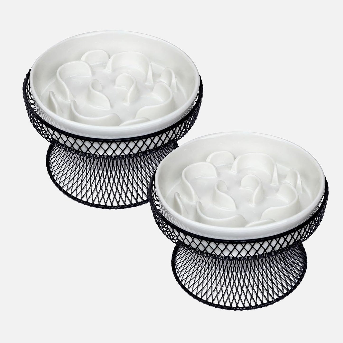 2PCS Raised Ceramic Cat Slow Feeder Bowl Elevated Food Bowl with Stand, Cat Slow Bowl for Wet Food and Dry Food,Slow Down Eating Speed, Whisker Friendly Pet Puzzle Feeder for Kitten and Small Dog