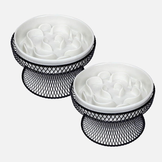 2PCS Raised Ceramic Cat Slow Feeder Bowl Elevated Food Bowl with Stand, Cat Slow Bowl for Wet Food and Dry Food,Slow Down Eating Speed, Whisker Friendly Pet Puzzle Feeder for Kitten and Small Dog