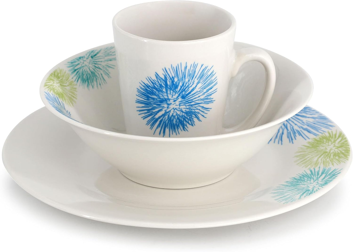 Gibson Home Blue Meadow 12 Piece Fine Ceramic Dinnerware Set in White with Colored Accents