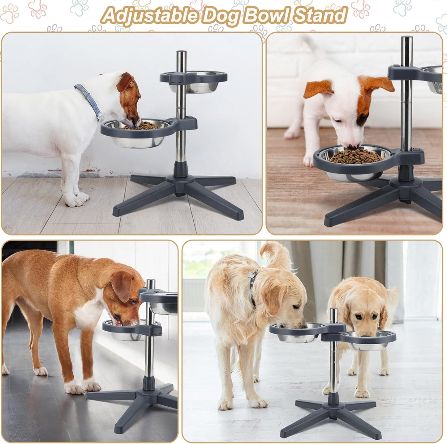 Elevated Dog Bowls Stainless Steel Elevated Dog Bowl Adjustable Height (5.51" to 17.72") Suitable for Medium Large Dogs & Cats Comes with 2 Stainless Steel Dog Bowls Diameter 7.87"