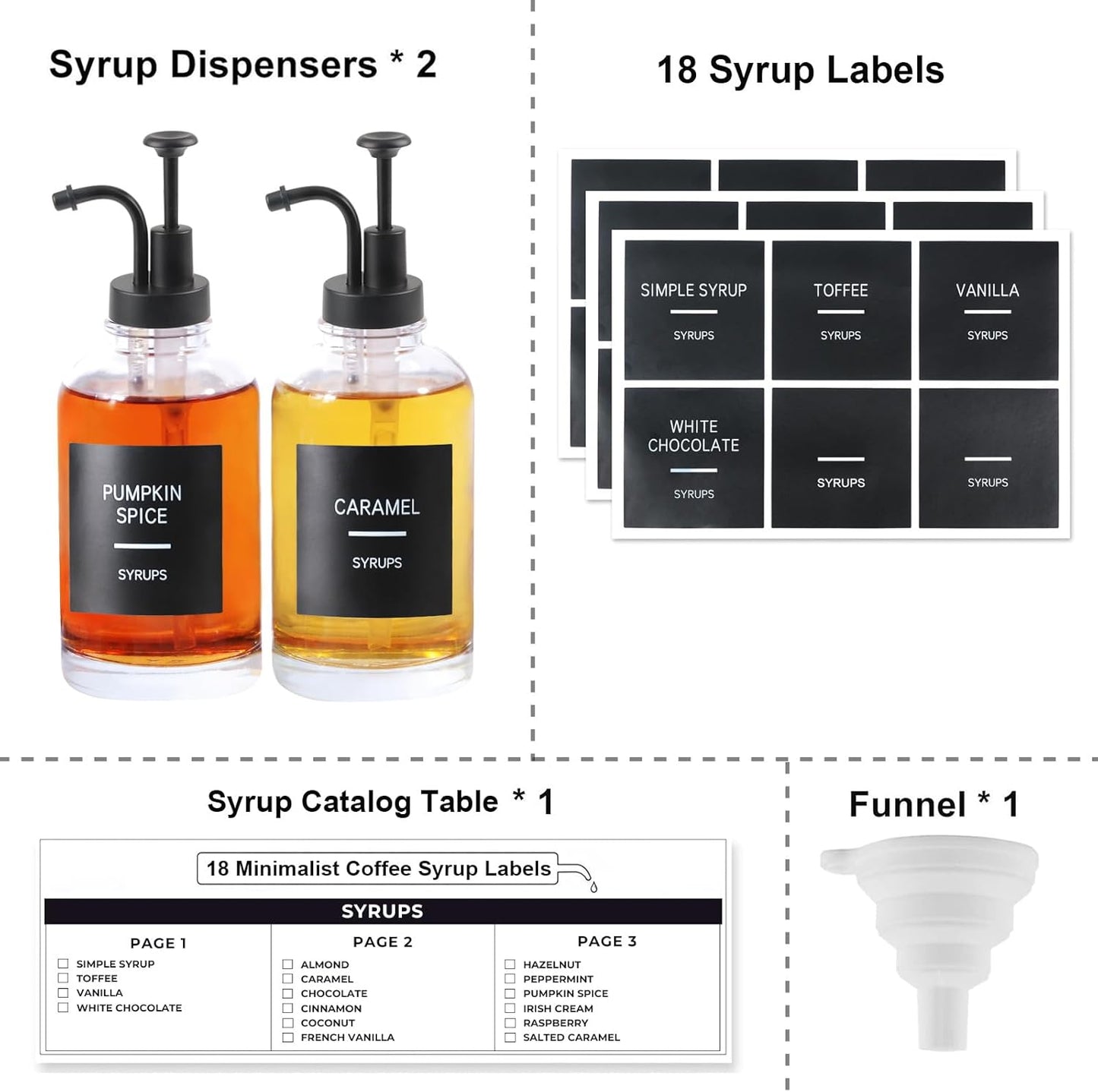Coffee Syrup Dispenser for Coffee Bar, Set of 2 Simple Glass Syrup Bottle w. Pump and Labels, 16.9 oz 500ml Syrup Pump Dispenser, Syrup Dispenser Black