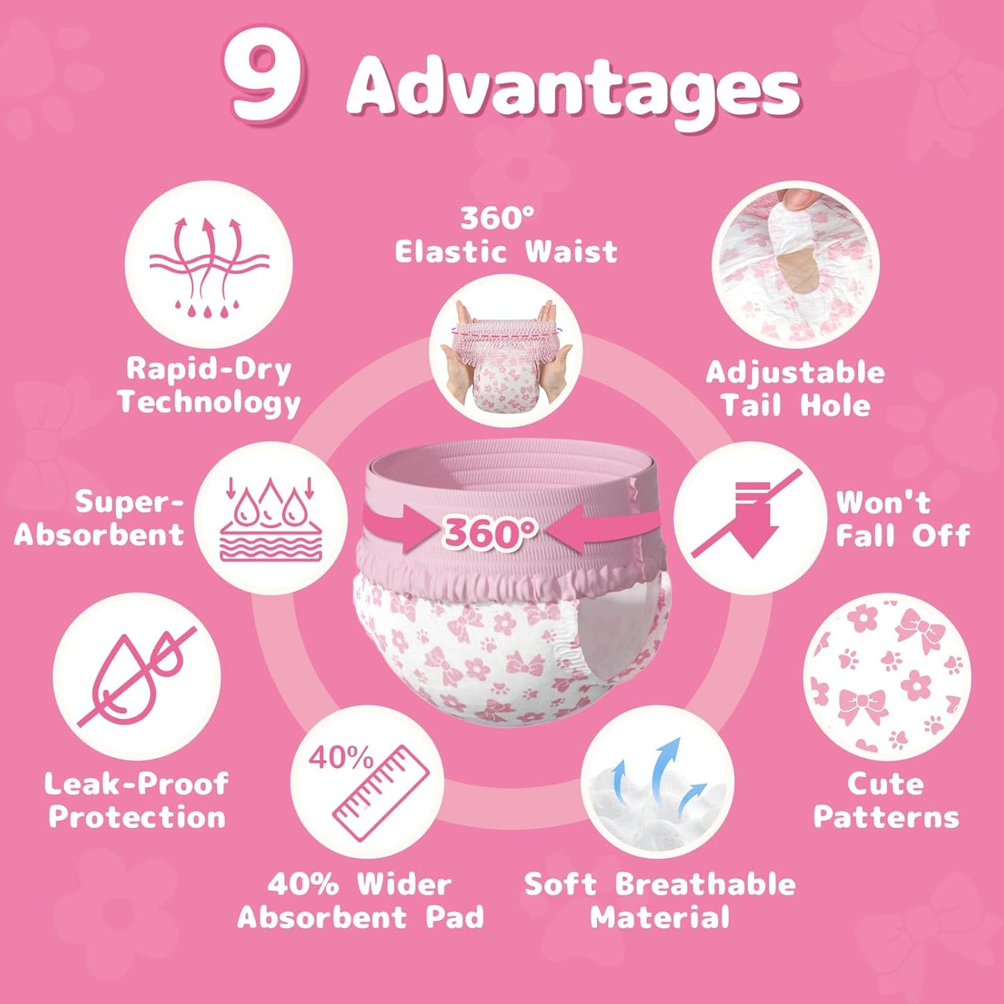 Dono Disposable Pull It Up Female Dog Diapers, 360° Stretchy Waist Puppy Diapers, Super-Absorbent Doggie Diapers with Rapid-Dry Technology Leak-Proof Design for Doggy in Heat Period, XS 10 Pcs