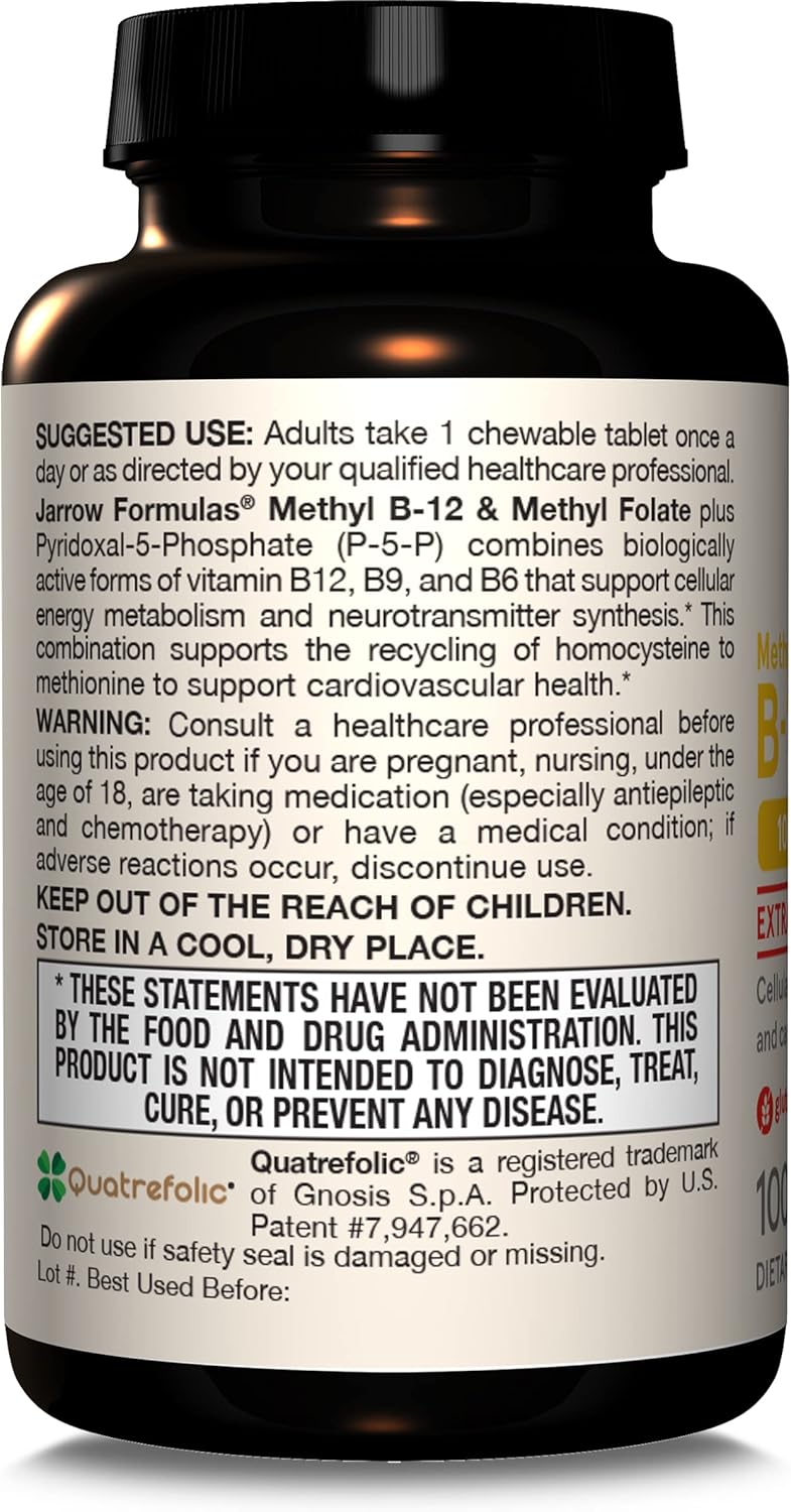 Jarrow Formulas Methyl B-12 & Methyl Folate, Bioactive Vitamin B9 & Vitamin B12 Supplement, Supports Cellular Energy Production, Healthy Brain Function & Metabolism, 100 Chewable Tablets, 100 Servings