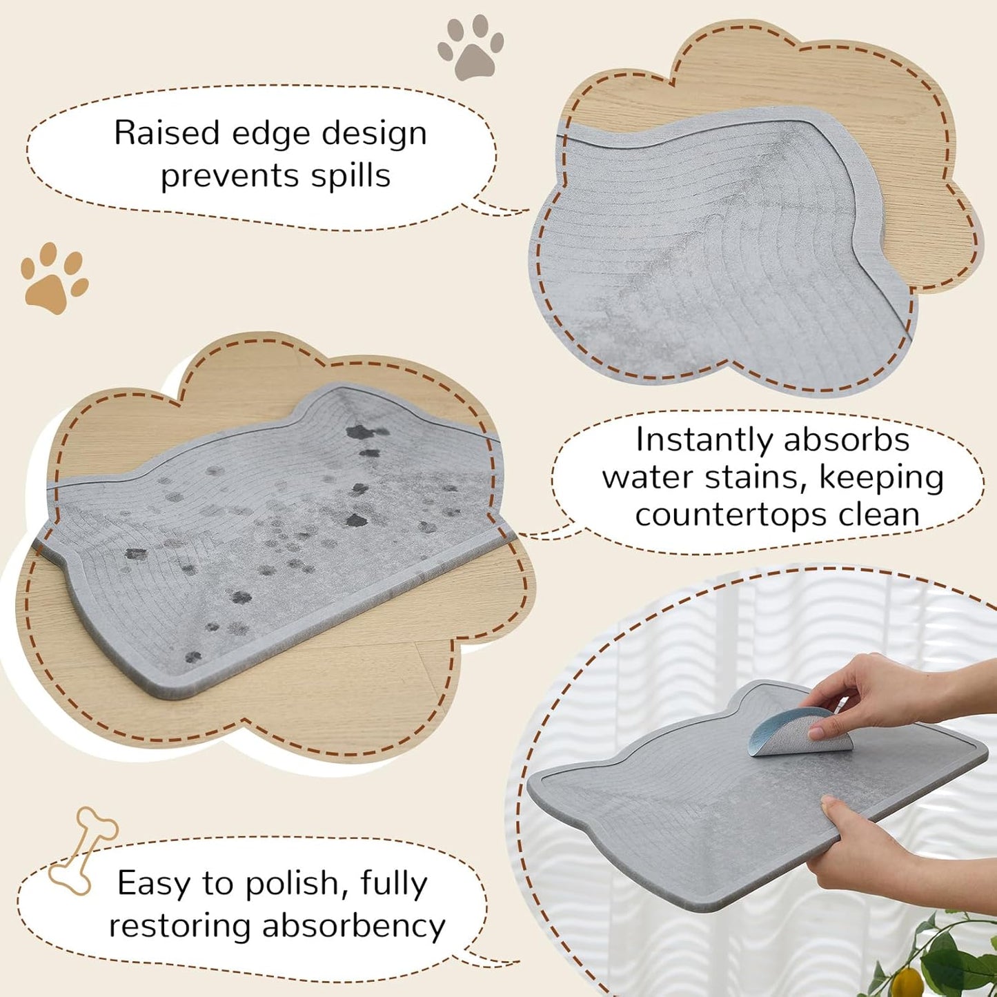 Stone Mat for Dog and Cat Water Bowls 16.5 x 9.5 Inch Absorbent Feeding Mat Quick Drying Tray for Small Medium Pet Water Fountains Diatomaceous Earth Accessories for Messy Drinkers