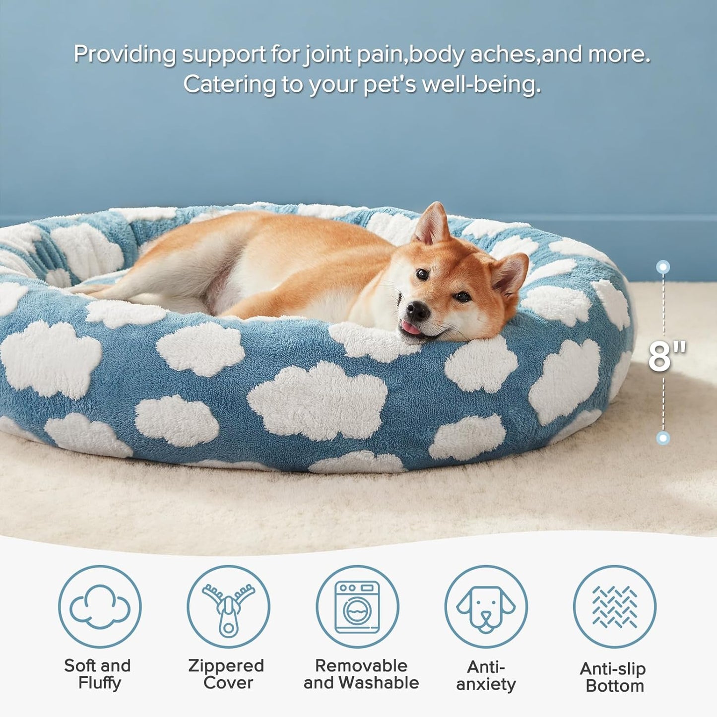 JOEJOY Donut Dog Bed Medium Size Dog, Cute Round Calming Pet Bed with Removable Washable Cover, Orthopedic Puppy Bed with Jacquard Shaggy Plush & Non Skid Bottom