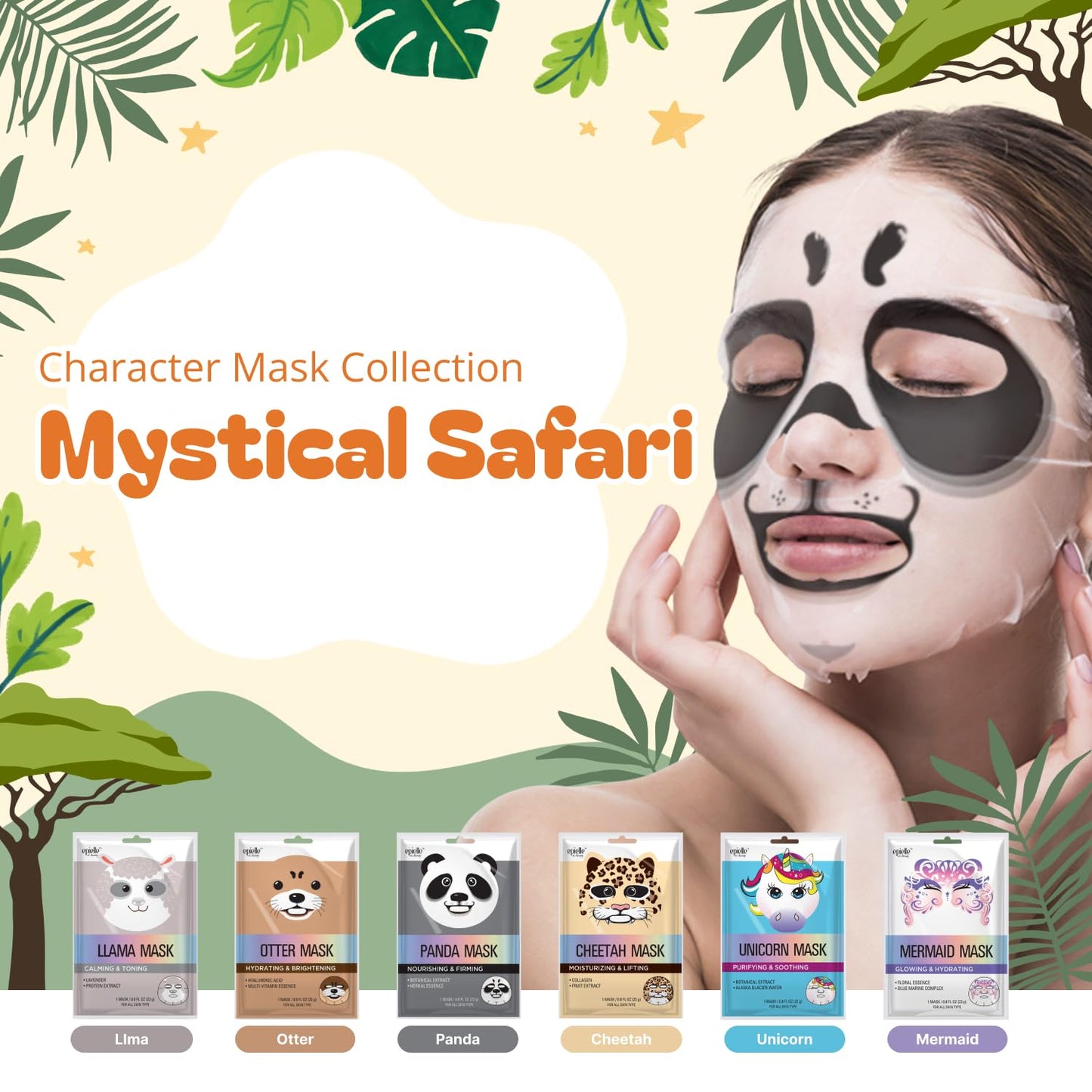 Epielle Character Face Mask Mystical Safari 6 Pack, Fun & Effective Korean Skin Care, Spa Party Favors, Easter Basket Stuffers, Birthday Gifts for Women, Self Care Gifts