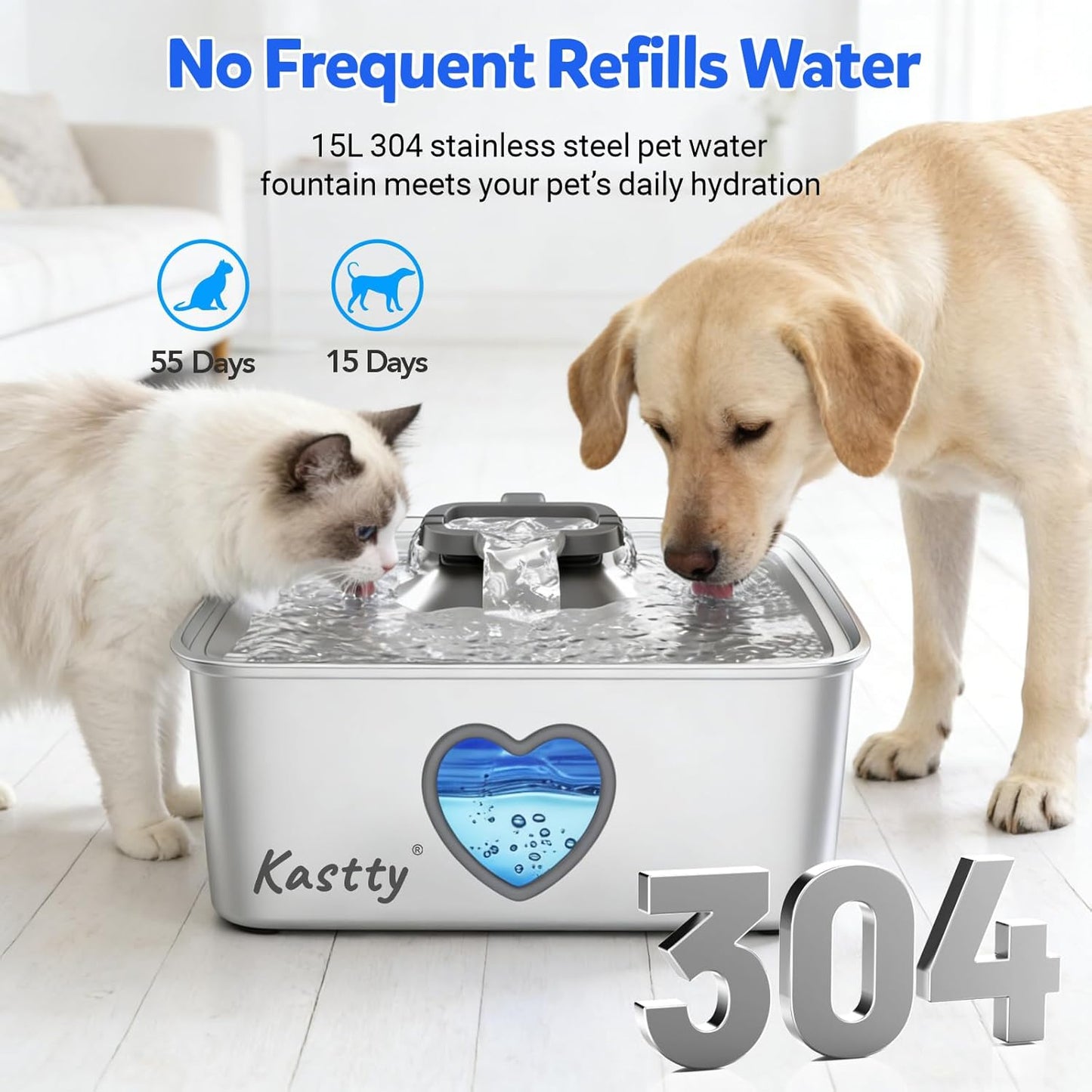 Kastty 15L/4Gal Dog Water Fountain, Stainless Steel Pet Water Bowl Dispenser with Visual Window, Automatic Dual-Color LED, 5-Stage Filtration, Ultra Quiet, for Large Medium Dogs & Multi-pet, FS80