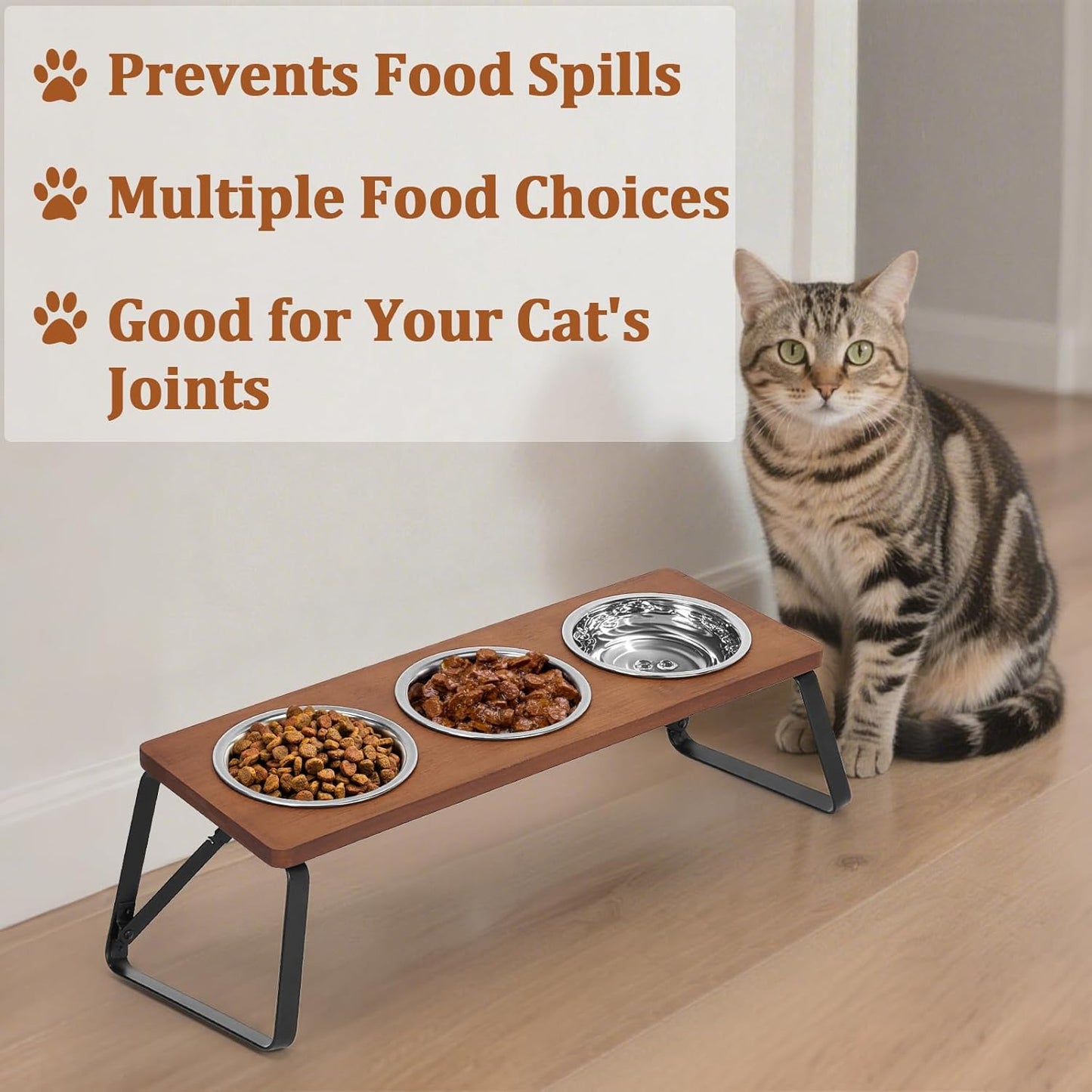 Foldable Raised Cat Bowls Holder 3 Stainless Steel Dog Cat Feeder 12 °Tilt Elevated Pet Water Food Bowls for Cats Puppies Rabbits
