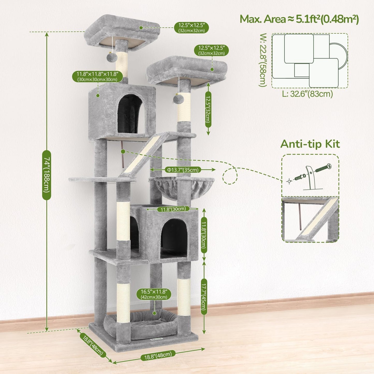 Globlazer Large Cat Tree Tower for Indoor Cats, 74in Tall Sturdy Cat Tree Condo for Large Cat with Scratching Posts and Board, Cat Condos for Adult Cats Kittens, Top Perches, Pet Bed, F74D, Light Grey