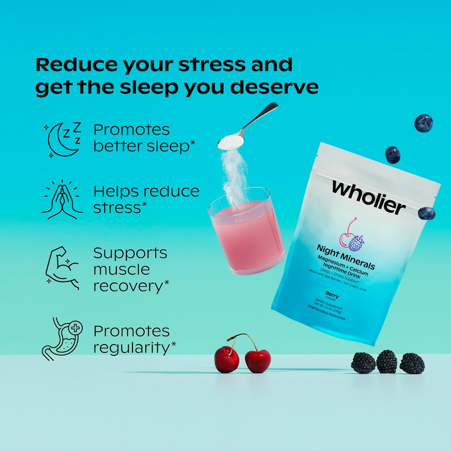 wholier Magnesium Glycinate, Tart Cherry Juice, Chelated Calcium. Calming Nighttime Drink. Natural Support for Sleep, Stress + Relaxation. Night Minerals. (About 25 Servings)