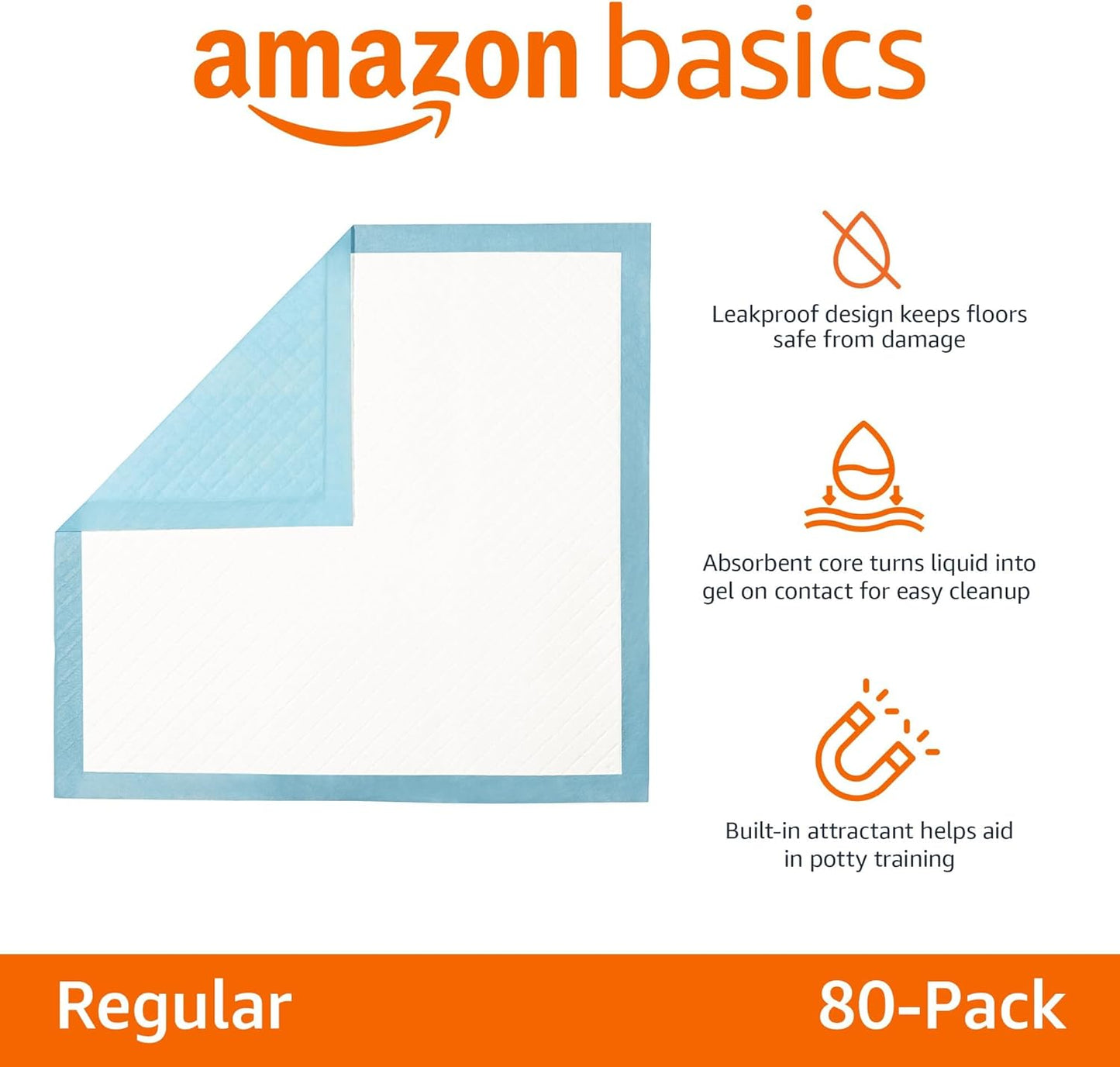 Amazon Basics Heavy Duty Dog and Puppy Pee Pads, Leak-Proof 5-Layer Ultra Absorbent, Quick-Dry Surface for Potty Training and Housebreaking, Regular Size, 24x23", Blue & White, 80 Count
