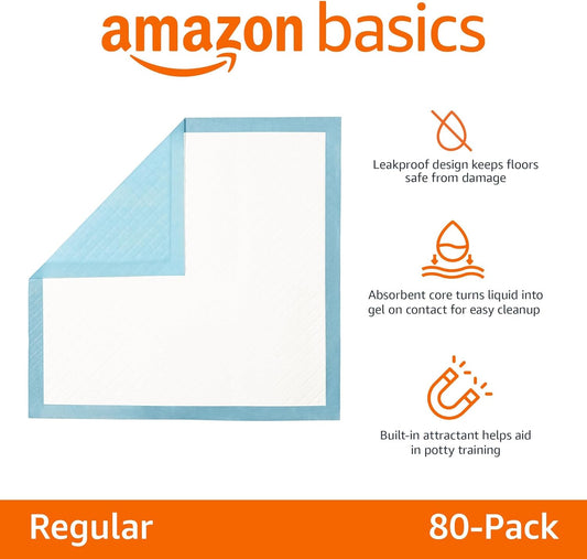 Amazon Basics Heavy Duty Dog and Puppy Pee Pads, Leak-Proof 5-Layer Ultra Absorbent, Quick-Dry Surface for Potty Training and Housebreaking, Regular Size, 24x23", Blue & White, 80 Count