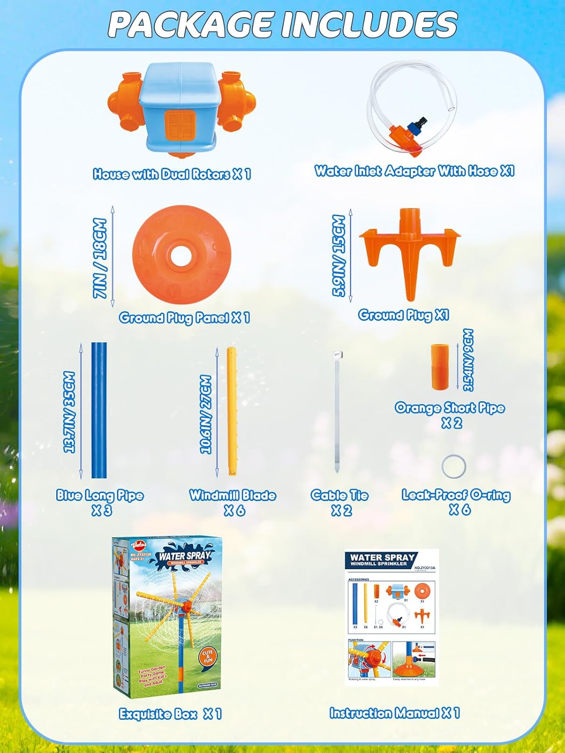 59" Windmill Water Sprinkler for Kids Summer Toys, 360° Spinning Splash Water Toy, Upgraded Double Sided with 6 Blades, Outdoor Backyard Games Summer Fun for Boys Girls Dogs & Garden Watering