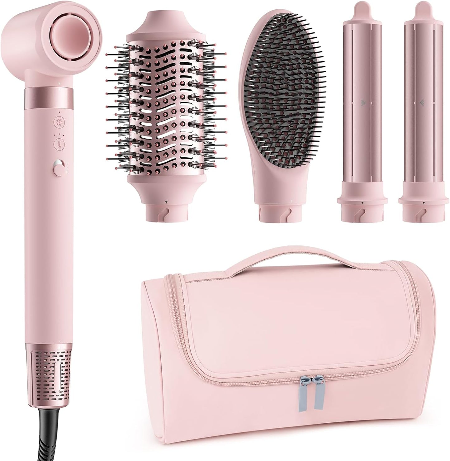 MESCOMB 5 in 1 Hot Air Styler Wrap, High-Speed Hair Dryer, Volumizing Brush with Auto Curlers, Fast Drying & Frizz-Free Styling, Straightening, No Heat Damage, Includes Travel Bag (Pink)