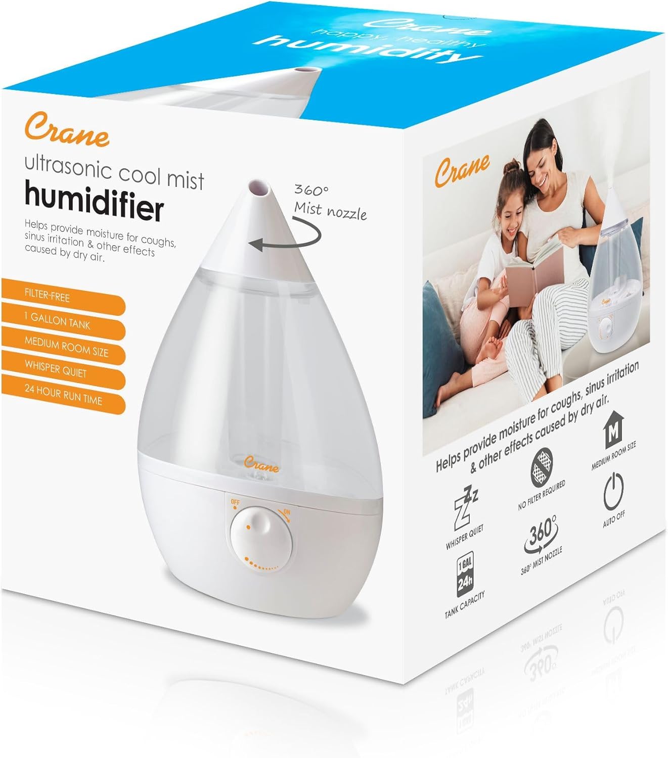 Crane White Teardrop Ultrasonic Cool Mist Humidifier, 1 Gallon Auto Shut-Off for Large Room, Baby Nursery, Bedroom Office, Clear & White