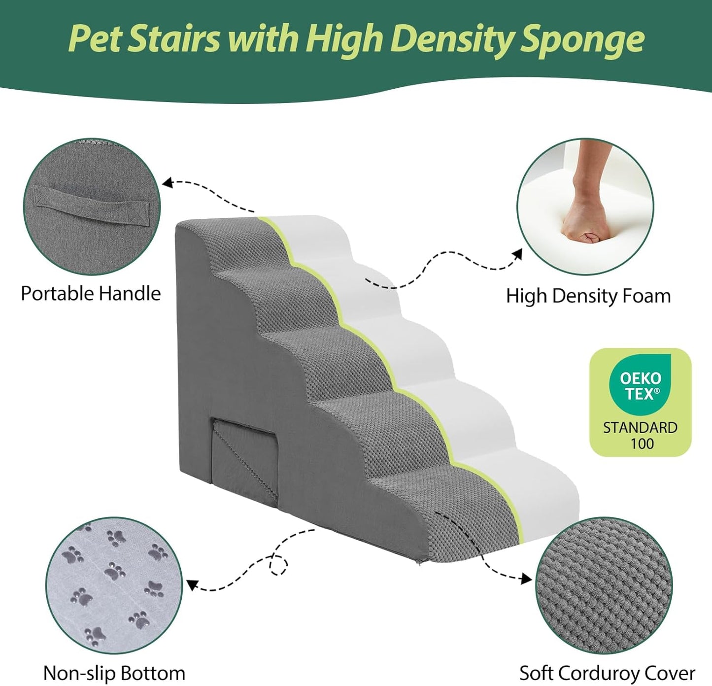 Dog Stairs for Small Dogs, 5 Tier Dog Steps for Bed and Couch, 23" H Non-Slip Balanced Pet Stairs with 2 Pet Ramps, Gray
