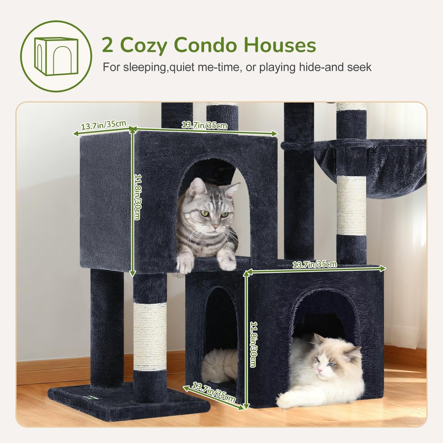 Globlazer Cat Tree Condo Tower for Multiple Indoor Cats, 52in Multi-Level Cat Scratching Tree with 2 Cat Condos, 5 Sisal Scratching Posts, 2 Padded Perches, Big Basket, Widened Base, S52, Dark Grey
