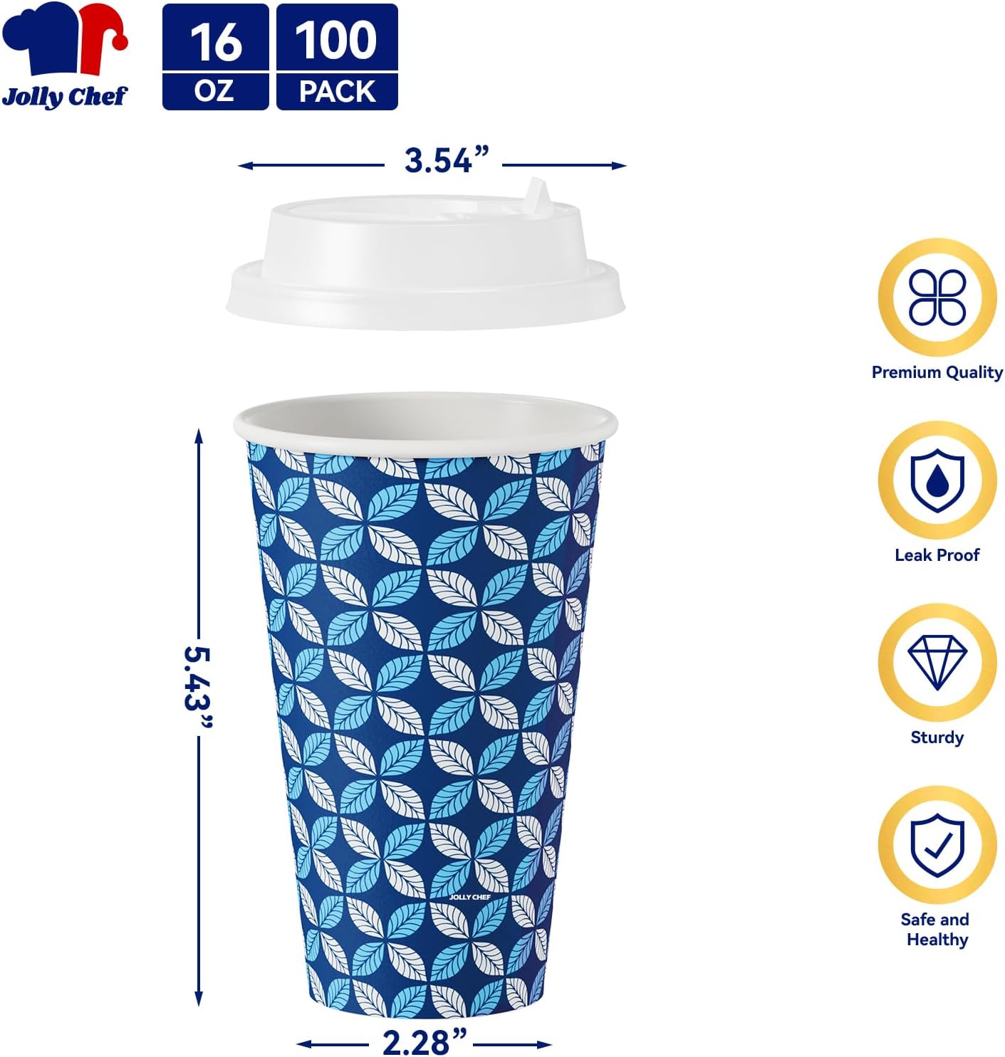 JOLLY CHEF 16 oz Coffee Cups with Lids 100 Pack, Disposable Hot Paper Coffee Cups with Lids, Sleeves and Stirrers for Christmas, Thanksgiving, Party