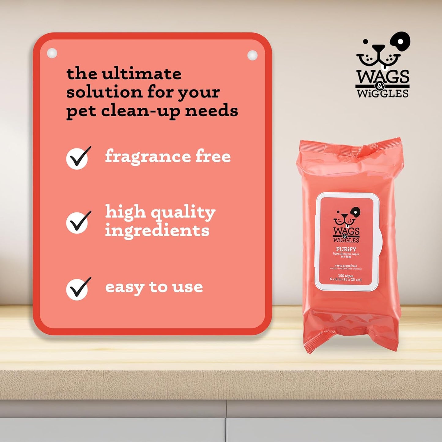 Wags & Wiggles Purify Hypoallergenic Dog Wipes for Sensitive Skin, Paw and Body Grooming Wipes with Gentle Plant Based Formula for Everyday Cleaning, Zesty Grapefruit Scent, 100 Count
