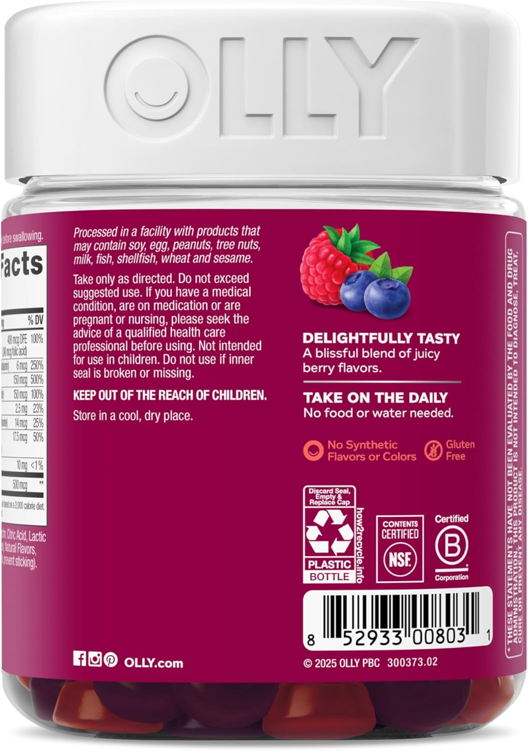OLLY Women's Daily Multivitamin Gummy, Vitamins A, D, C, E, Biotin, Folic Acid, Adult Chewable Vitamin, Berry Flavor, 65 Day Supply - 130 Count