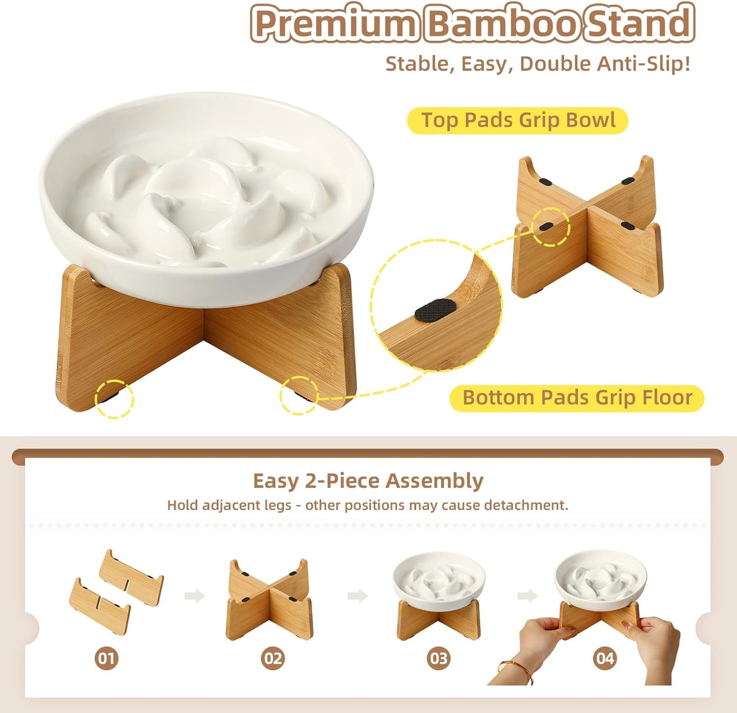 Elevated Slow Feeder Cat Bowl - Ceramic Cat Food Dish with Anti-Slip Bamboo Stand - Whisker Friendly Feeding Bowl - Raised Maze Plate for Slow Down Eating - Ivory White