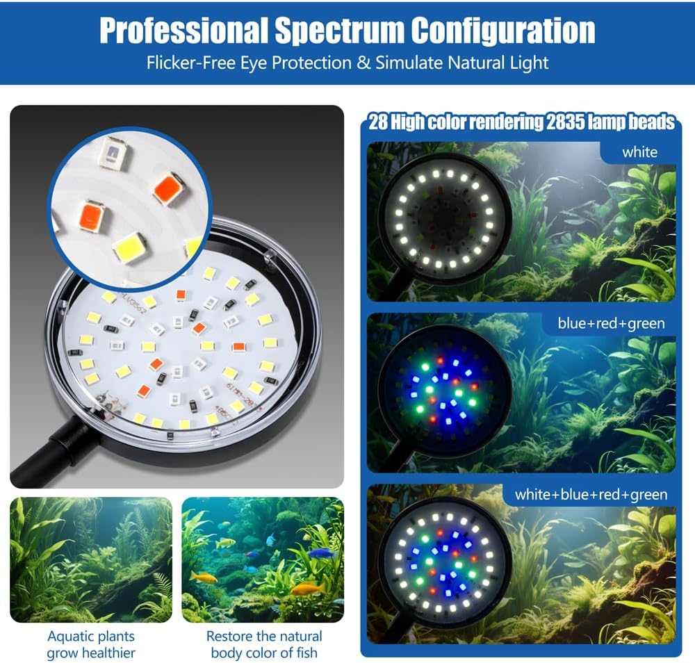 Clip On Aquarium Light 8W LED Fish Tank Light with Full Spectrum & Dimmable Brightness USB Moving Aquarium Lamp for 1-5 Gallon Betta Fish Tanks